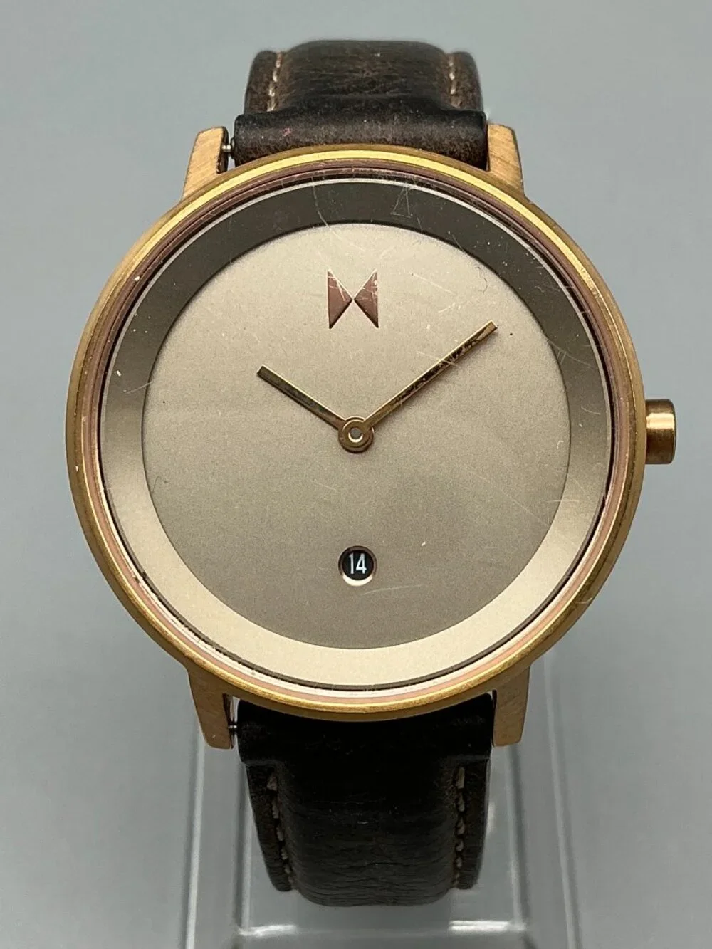 MVMT Ashen Taupe Womens Watch 34mm Rose Gold Tone Date Leather New Battery